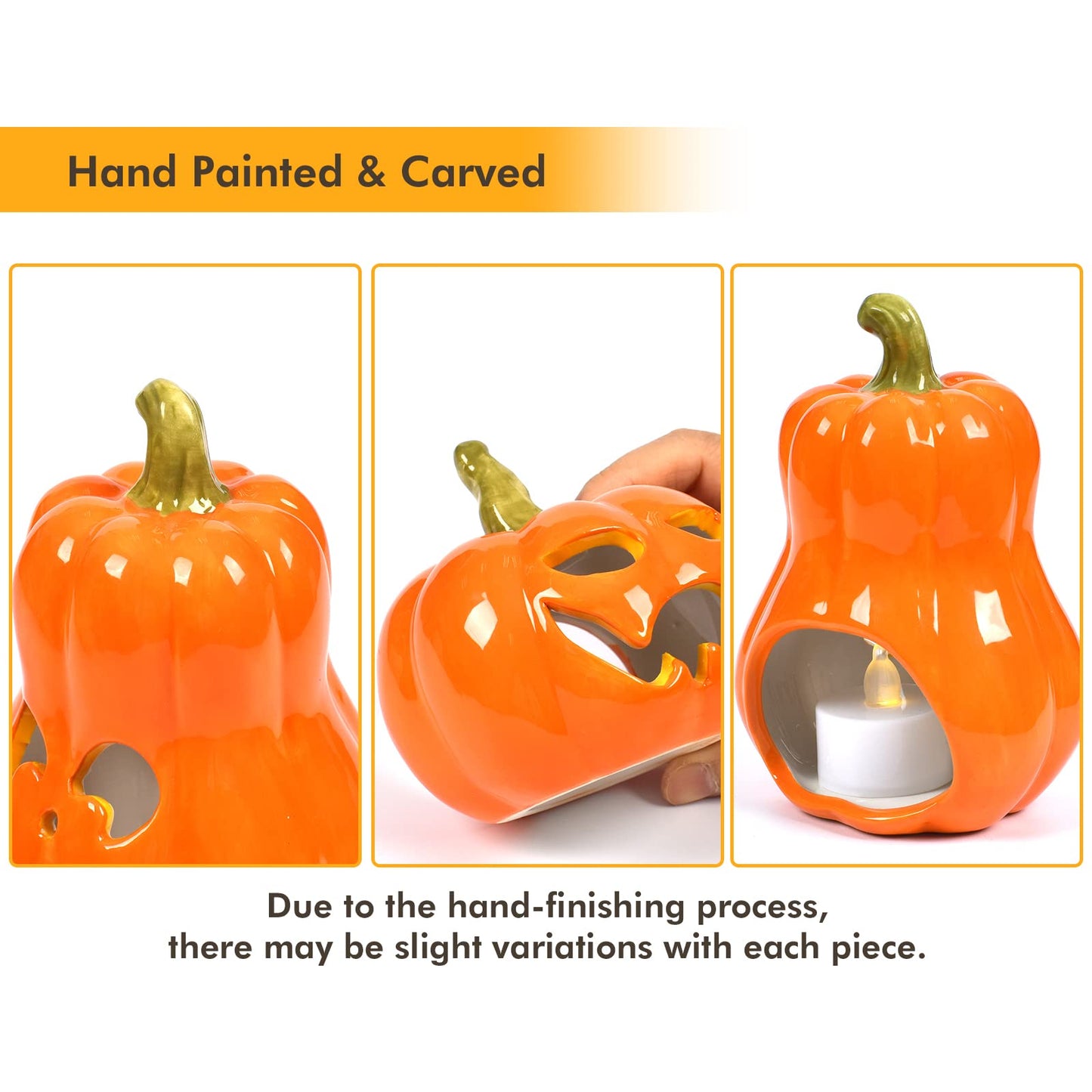 Sunlit Ceramic Pumpkin with 3 Tea Lights, Jack O Lantern Candle Holder Set of 3, Tabletop Indoor Halloween Decorations for Holiday Party Home