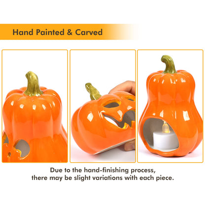 Sunlit Ceramic Pumpkin with 3 Tea Lights, Jack O Lantern Candle Holder Set of 3, Tabletop Indoor Halloween Decorations for Holiday Party Home