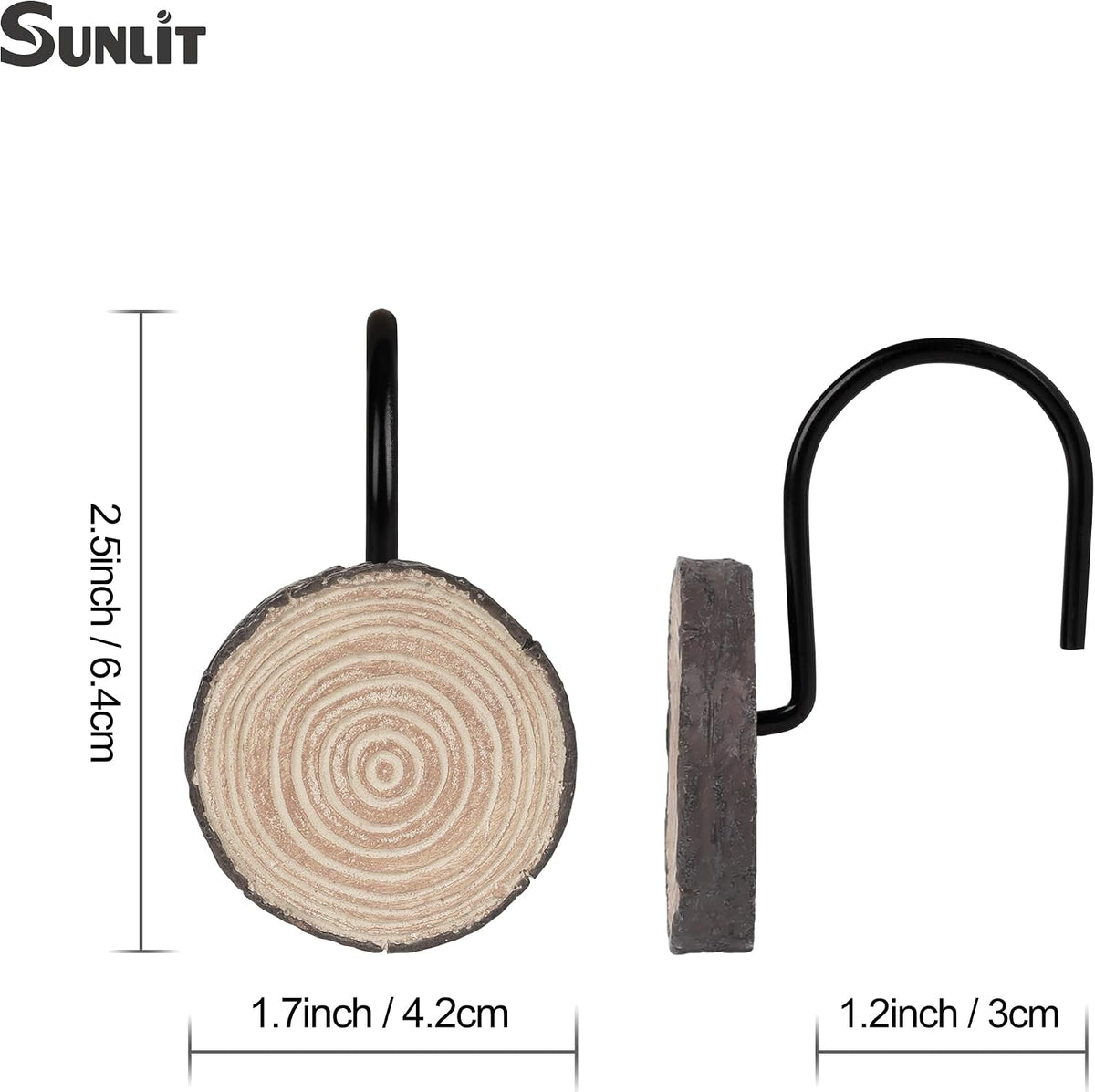 Sunlit Farmhouse Wooden Slices Shower Curtain Hooks, Rustic Home Decorative Shower Curtain Rings with Black Hooks for Bathroom, Resin Shower Curtain Hangers Bathroom Accessories, Set of 12