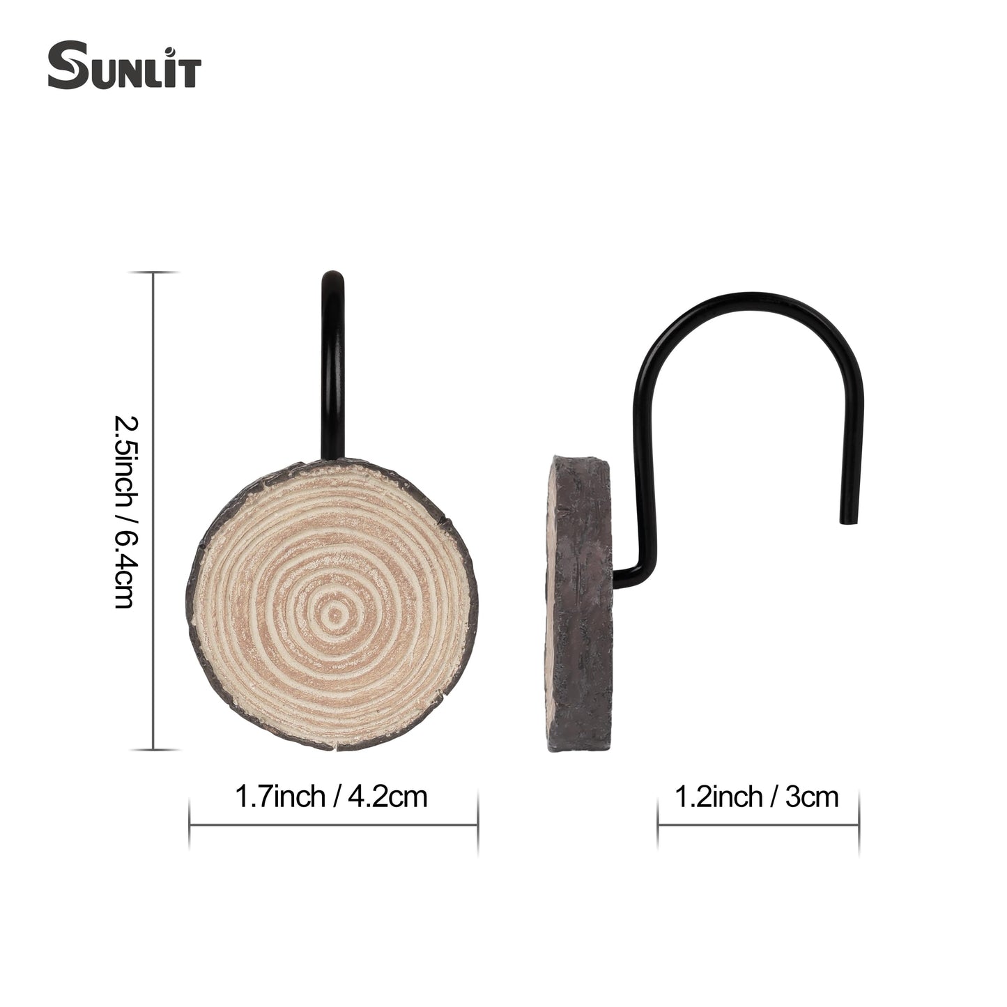 Sunlit Farmhouse Wooden Slices Shower Curtain Hooks, Rustic Home Decorative Shower Curtain Rings with Black Hooks for Bathroom, Resin Shower Curtain Hangers Bathroom Accessories, Set of 12