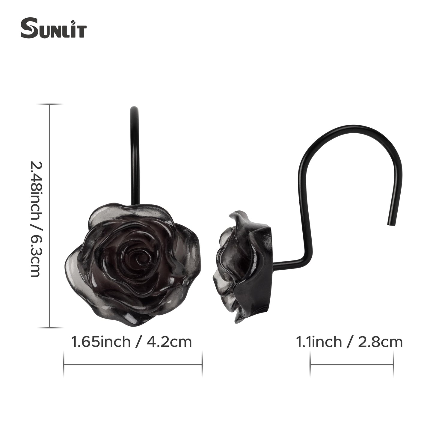 Sunlit Rose Shower Curtain Hooks, Home Decorative Flower Shower Curtain Rings for Bathroom, Resin, Pink Floral Shower Curtain Hanger Hooks for Living Room, Set of 12
