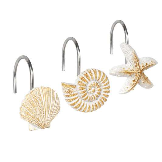 Sunlit Seashells Decorative Shower Curtain Hooks, Scallop Nautilus & Seahorse Shower Curtain Rings, Seashell Blush, Resin, Nautical Bathroom Decoration Beach Shower Curtain Hooks-12 Pack