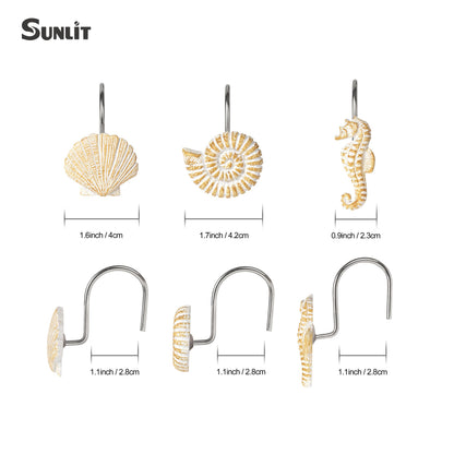 Sunlit Seashells Decorative Shower Curtain Hooks, Scallop Nautilus & Seahorse Shower Curtain Rings, Seashell Blush, Resin, Nautical Bathroom Decoration Beach Shower Curtain Hooks-12 Pack