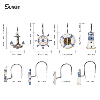 Sunlit Nautical Shower Curtain Hooks, Home Decorative Coastal Shower Curtain Rings for Bathroom, Resin, Ocean Shower Curtain Hanger Hooks for Living Room, Set of 12, Blue Lighthouse Sailboat