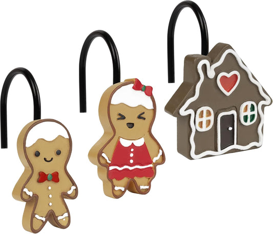 Sunlit Christmas Decorative Shower Curtain Hooks, Cute Gingerbread Man Cookie Shower Curtain Rings, Xmas Winter Holiday Bathroom Decoration for Kids Girls Boys Children, Resin, Set of 12