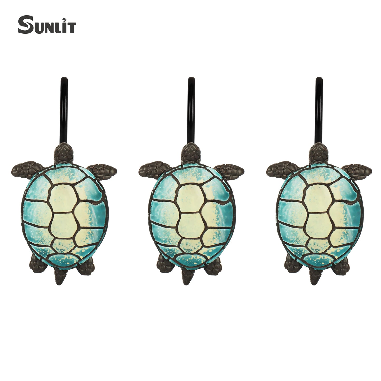 Sunlit Sea Turtle Shower Curtain Hooks, Home Decorative Shower Curtain Rings for Bathroom, Resin, Ocean Shower Curtain Hanger Hooks for Kid Room Living Room, Set of 12