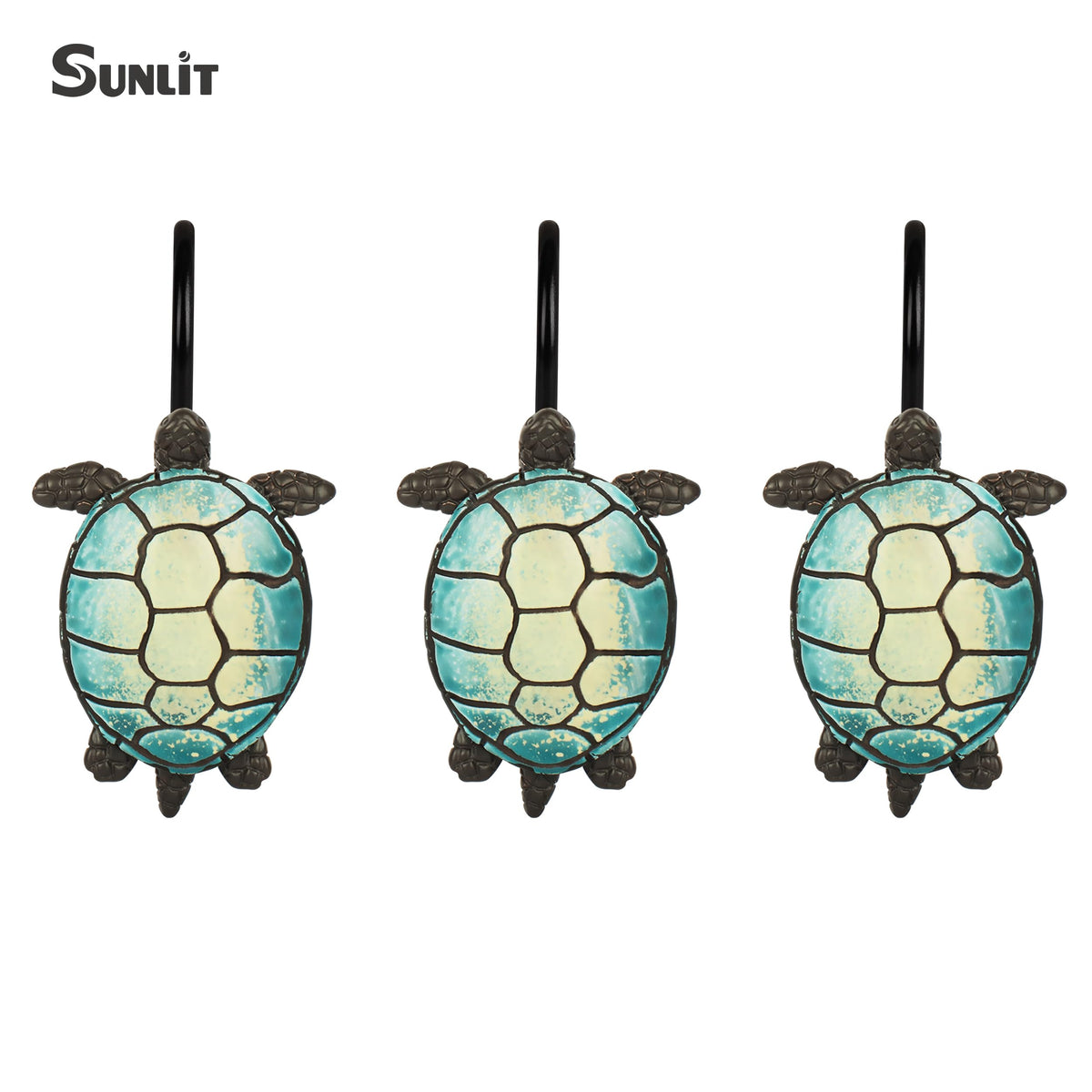 Sunlit Tilt Sea Turtle Shower Curtain Hooks, Home Decorative Shower Curtain Rings with Black Hooks for Bathroom, Resin, Ocean Shower Curtain Hanger Hooks for Kid Room Living Room, Set of 12