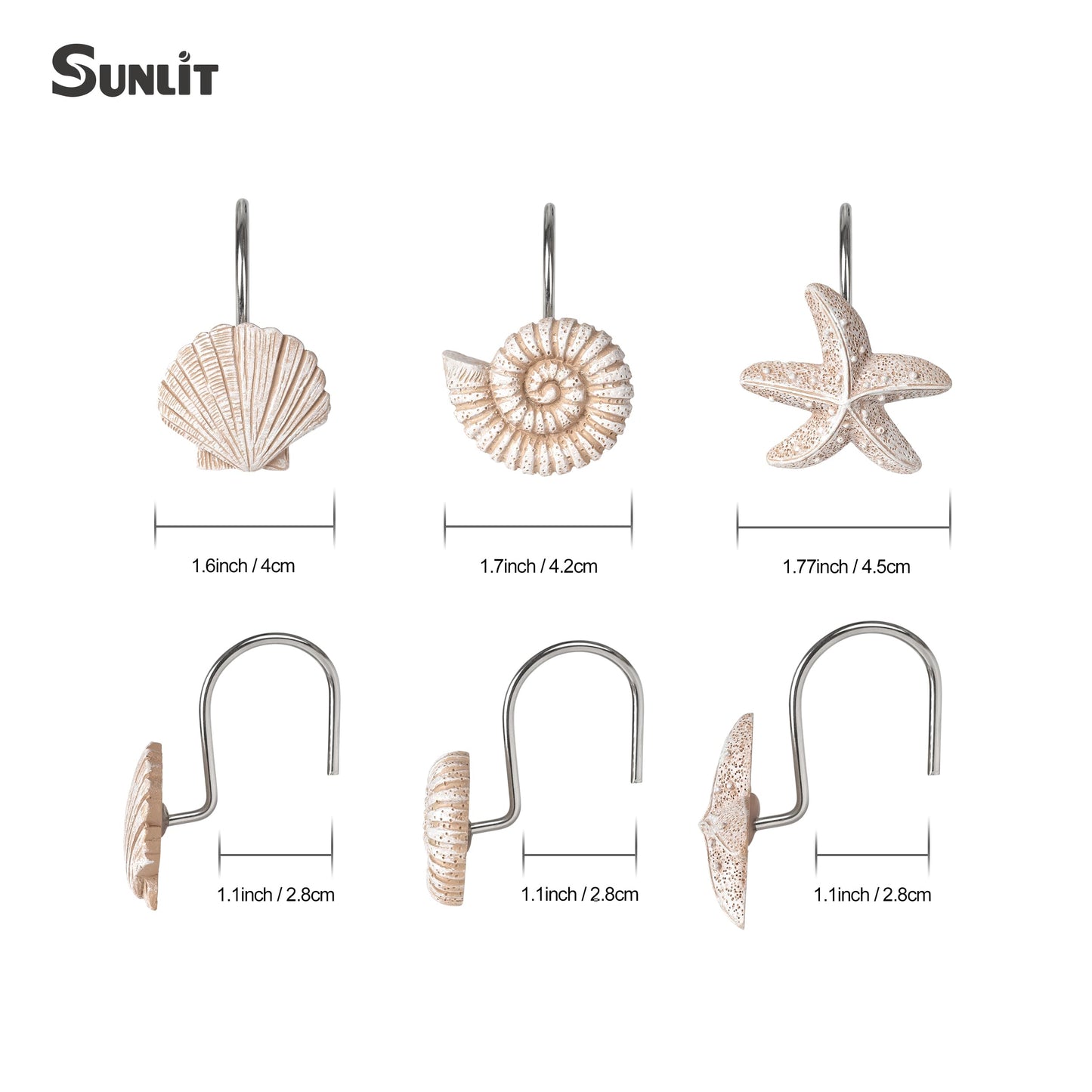 Sunlit Seashells Decorative Shower Curtain Hooks, Scallop Nautilus & Seahorse Shower Curtain Rings, Seashell Blush, Resin, Nautical Bathroom Decoration Beach Shower Curtain Hooks-12 Pack