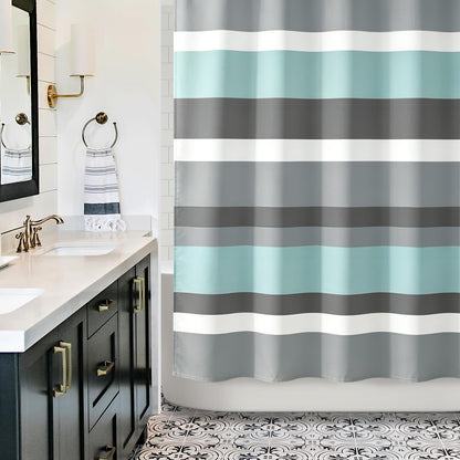 Sunlit Sage Green Gray Horizontal Stripes Water-Repellent Fabric Shower Curtain with Reinforced Metal Grommets Refreshing Striped Design Bathroom Decor, 72x72