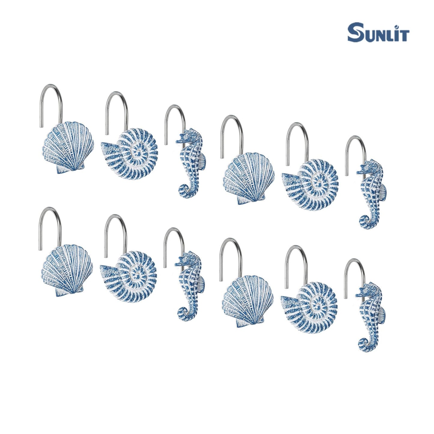 Sunlit Seashells Decorative Shower Curtain Hooks, Aqua Blue Ocean Creatures Coastal Shower Curtain Rings with Black Hooks, Resin, Nautical Bathroom Decoration Beach Shower Curtain Hooks, Set of 12