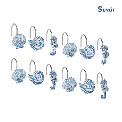 Sunlit Seashells Decorative Shower Curtain Hooks, Aqua Blue Ocean Creatures Coastal Shower Curtain Rings with Black Hooks, Resin, Nautical Bathroom Decoration Beach Shower Curtain Hooks, Set of 12