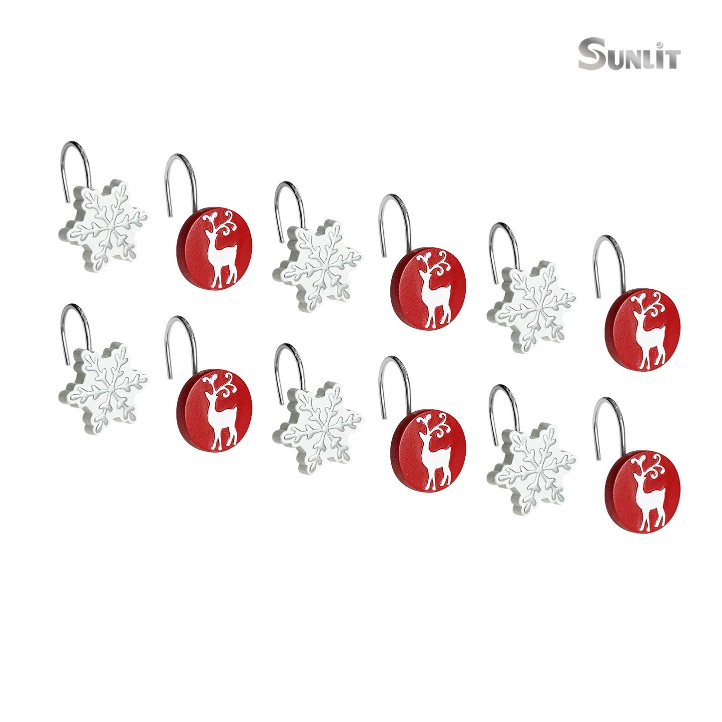 Sunlit Merry Christmas Shower Curtain Hooks White Reindeer Red Shower Curtain Rings, Resin, Winter Bathroom Decoration - 12 Pack