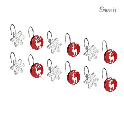 Sunlit Merry Christmas Shower Curtain Hooks White Reindeer Red Shower Curtain Rings, Resin, Winter Bathroom Decoration - 12 Pack