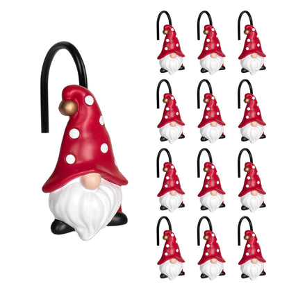 Sunlit Christmas Shower Curtain Hooks, Gnome Shower Curtain Rings, Hand Painted Resin Christmas Decor, Winter Bathroom Decoration, Red Hat with White Polka Dot, Set of 12