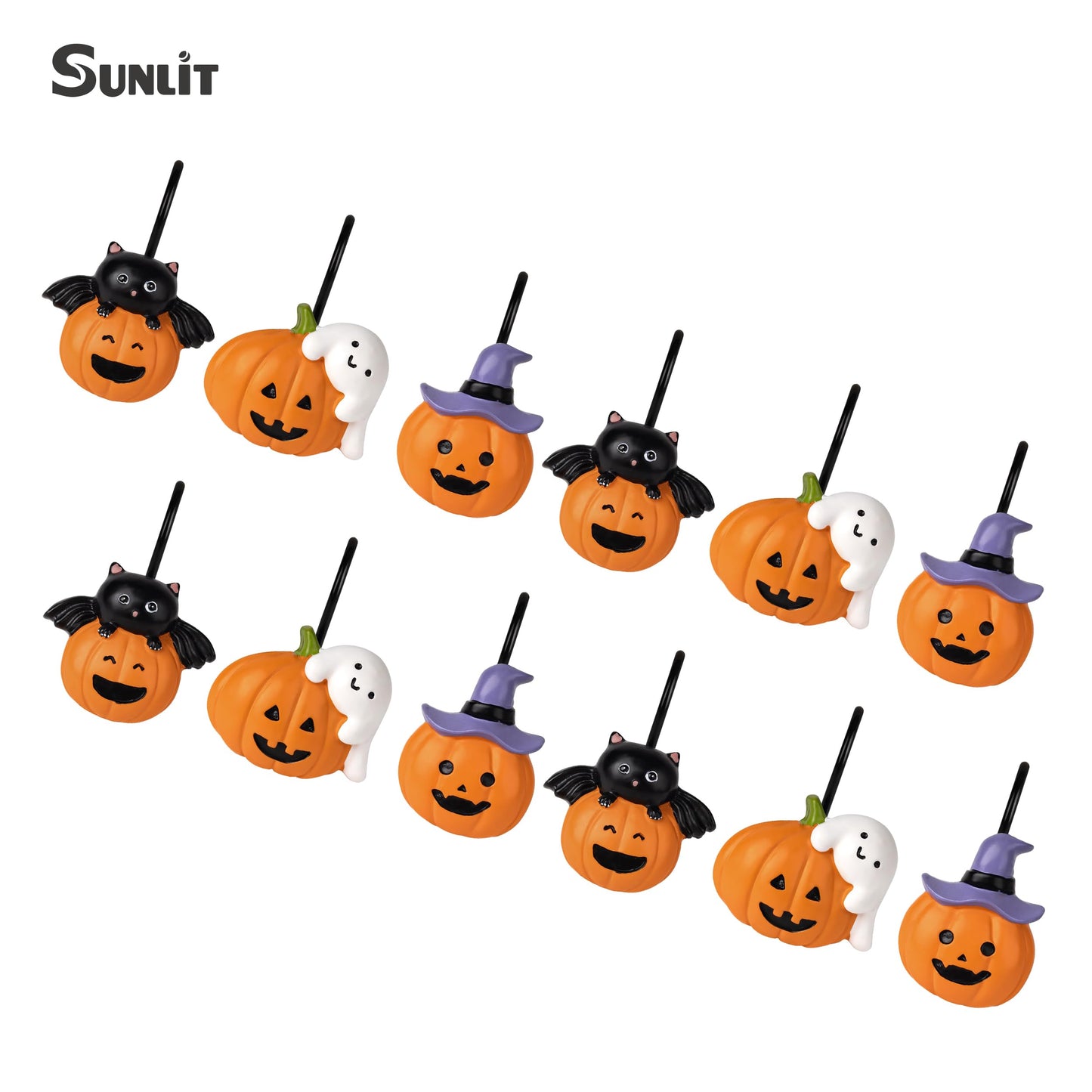Sunlit Halloween Ghost and Pumpkin Shower Curtain Hooks Set of 12, Cute Jack O Lantern and White Ghost Curtain Rings for Bathroom, Spooky Decorative Bath Accessories