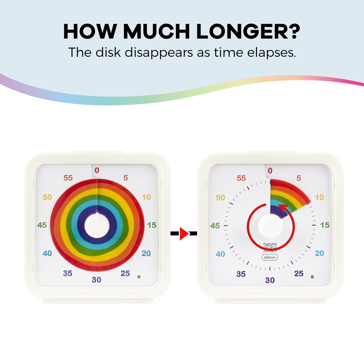 TWENTY5 SEVEN Countdown Timer, 60 Minute 1 Hour Silent Visual Timer, Magnetic Classroom Teaching Tool Office Meeting, Countdown Clock for Kids Time Management, Pastel Rainbow