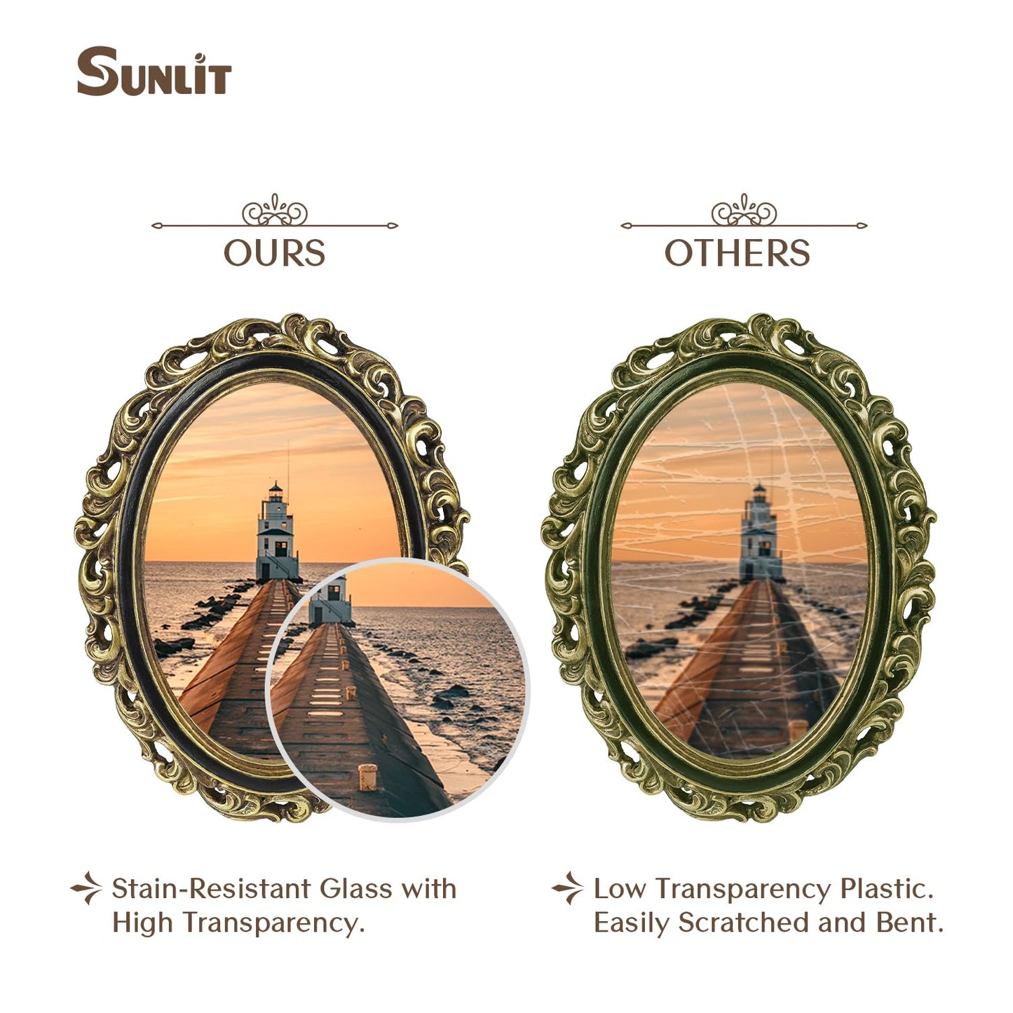 Sunlit Vintage Picture Frame 4x6 Inch, Oval Antique Photo Frames with Glass Front, Luxury Photo Display, Tabletop Wall Hanging, Gift Ideas, Golden Brown