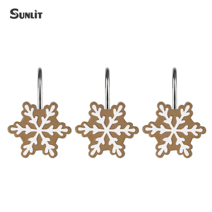 Sunlit Christmas Shower Curtain Hooks Snowflakes Double Shower Curtain Rings, Resin, Red and White Christmas Decor, Winter Bathroom Decoration - 12 Pack