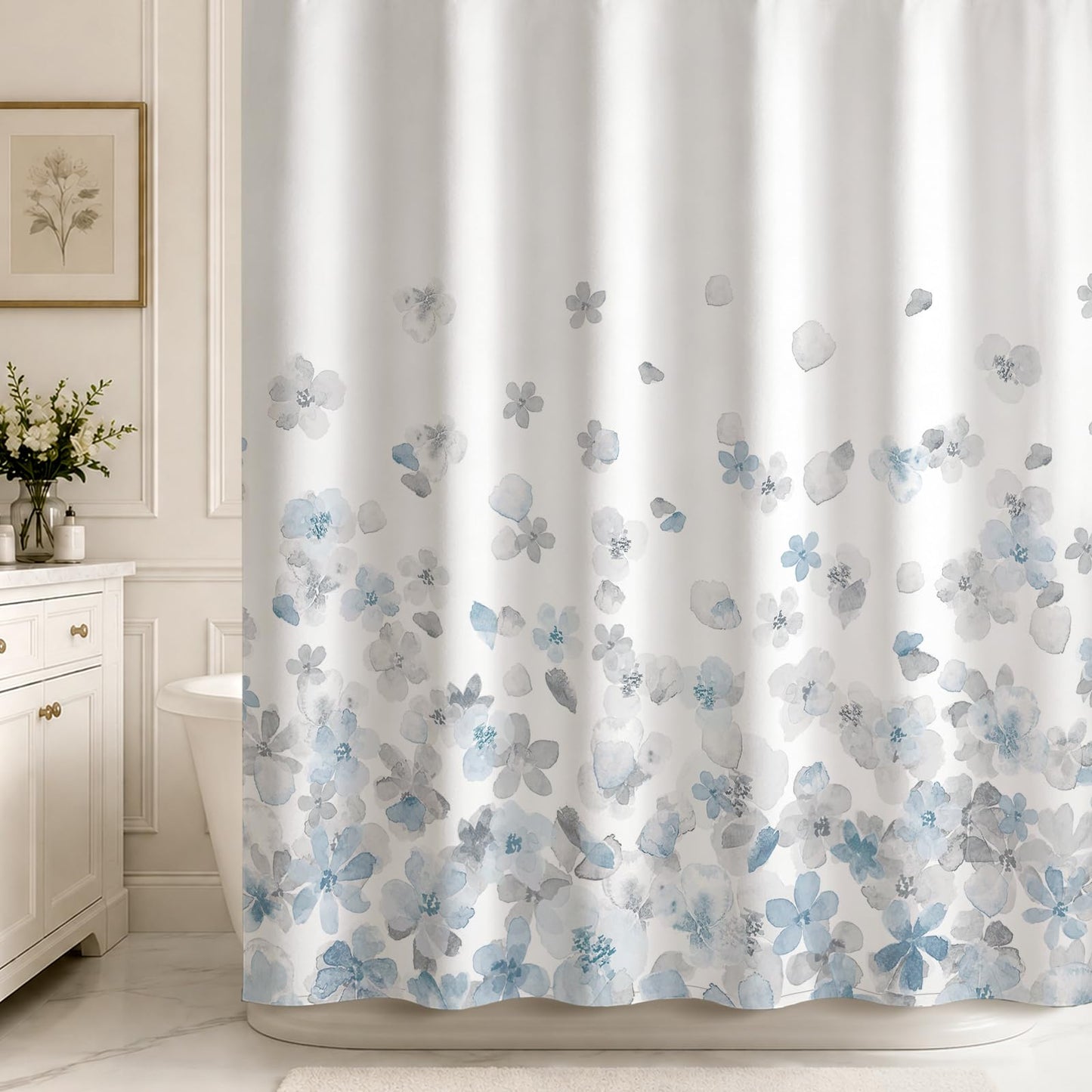 Sunlit Floral Fabric Shower Curtain, Design Simple Style Yellow and Gray Flower Blossoms Shower Curtains for Bathroom Decor with White Background, Machine Washable, 72x72