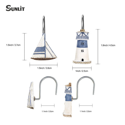 Sunlit Nautical Shower Curtain Hooks, Home Decorative Coastal Shower Curtain Rings for Bathroom, Resin, Ocean Shower Curtain Hanger Hooks for Living Room, Set of 12, Blue Lighthouse Sailboat