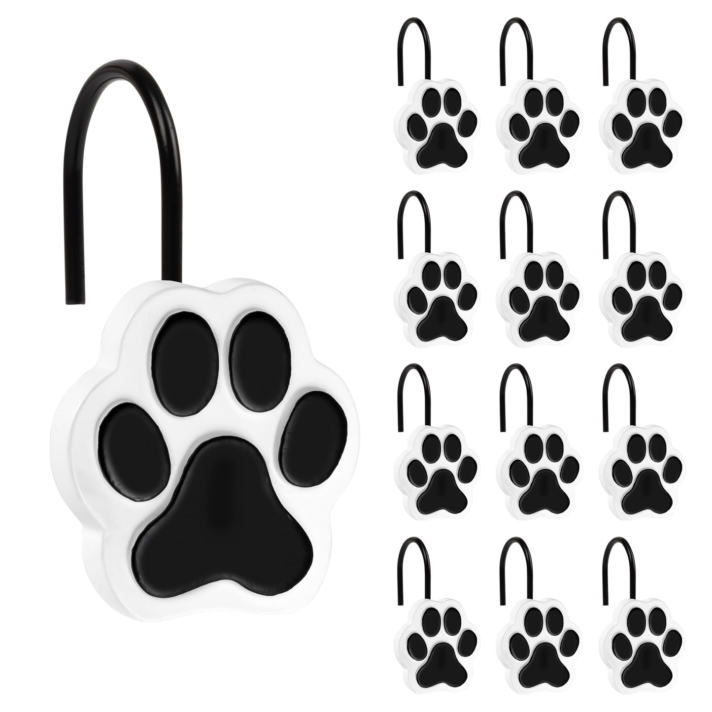 Sunlit Cute Paw Print Decorative Shower Curtain Hooks for Dog Cat Bear, Resin, Lovely Shower Curtain Rings for Kids, Bathroom Decoration Curtain, 12 Pack, Black and White