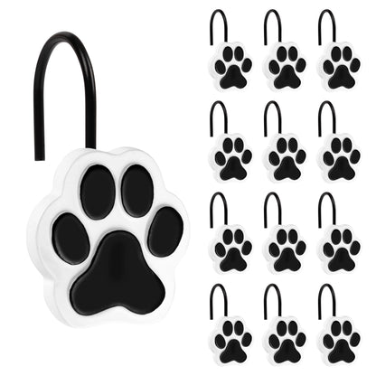 Sunlit Cute Paw Print Decorative Shower Curtain Hooks for Dog Cat Bear, Resin, Lovely Shower Curtain Rings for Kids, Bathroom Decoration Curtain, 12 Pack, Black and White