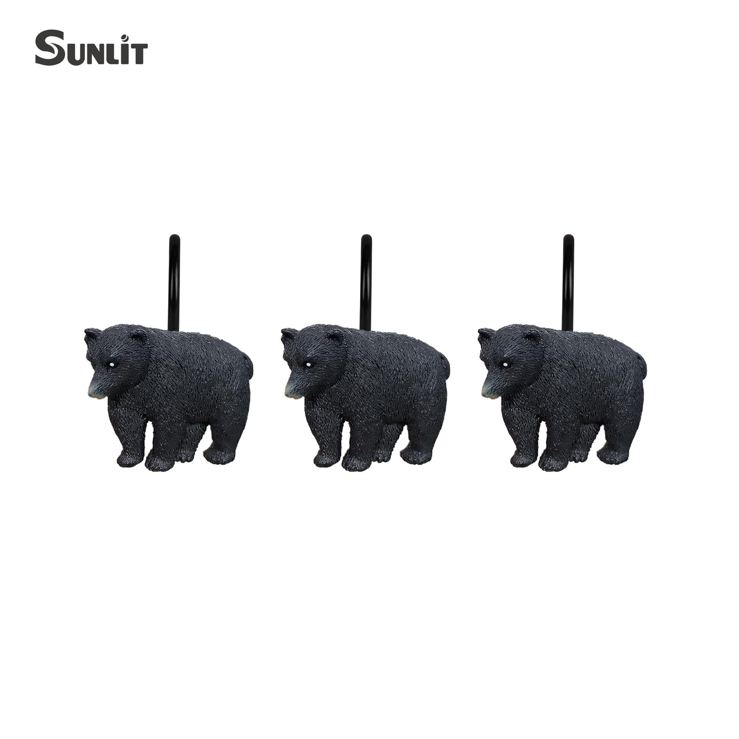 Sunlit Rustic Decorative Shower Curtain Hooks, Black Bear Shower Curtain Rings, Cabin Shower Curtain Hooks with Black Hooks, Resin, Farmhouse Bathroom Decoration, Set of 12