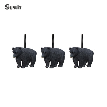 Sunlit Rustic Decorative Shower Curtain Hooks, Black Bear Shower Curtain Rings, Cabin Shower Curtain Hooks with Black Hooks, Resin, Farmhouse Bathroom Decoration, Set of 12