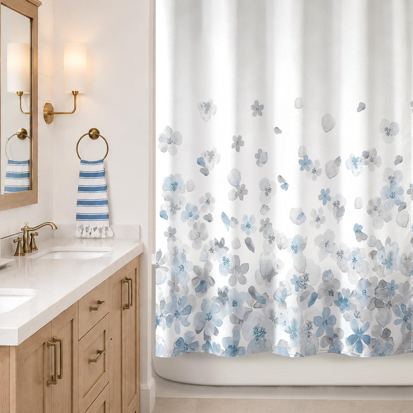 Sunlit Floral Fabric Shower Curtain, Design Simple Style Yellow and Gray Flower Blossoms Shower Curtains for Bathroom Decor with White Background, Machine Washable, 72x72