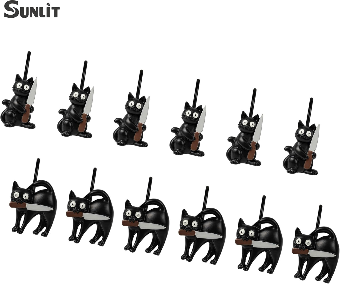 Sunlit Halloween Creepy Black Cat Shower Curtain Hooks, Home Decorative Shower Curtain Rings for Bathroom, Spooky Shower Curtain Hangers Bathroom Accessories, Set of 12