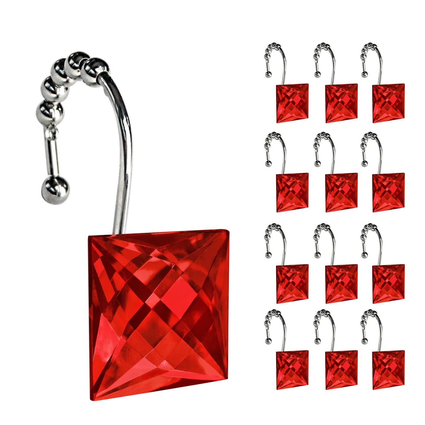 Sunlit Luxury Design Square Red Diamond Crystal Gem Bling with Glide Balls Shower Curtain Hooks, Rust Proof Metal Rhinestones Glam Shower Curtain Rings-12 Pack