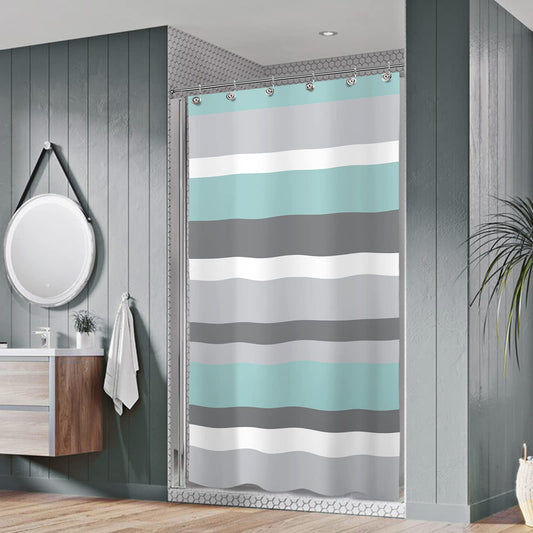 Sunlit Aqua Blue Gray Horizontal Stripes Water-Repellent Fabric Shower Curtain with Reinforced Metal Grommets Refreshing Striped Design Bathroom Decor