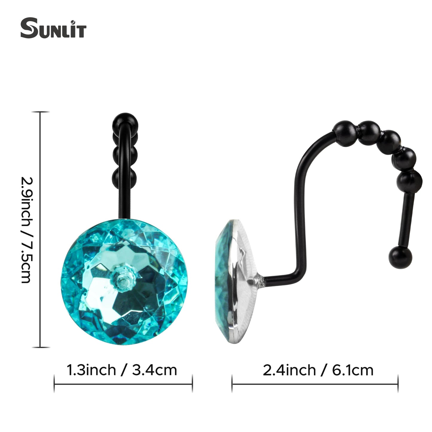 Sunlit Luxury Design Round Yellow Diamond Crystal Gem Bling with Glide Balls Shower Curtain Hooks, Rust Proof Metal Rhinestones Glam Shower Curtain Rings-12 Pack