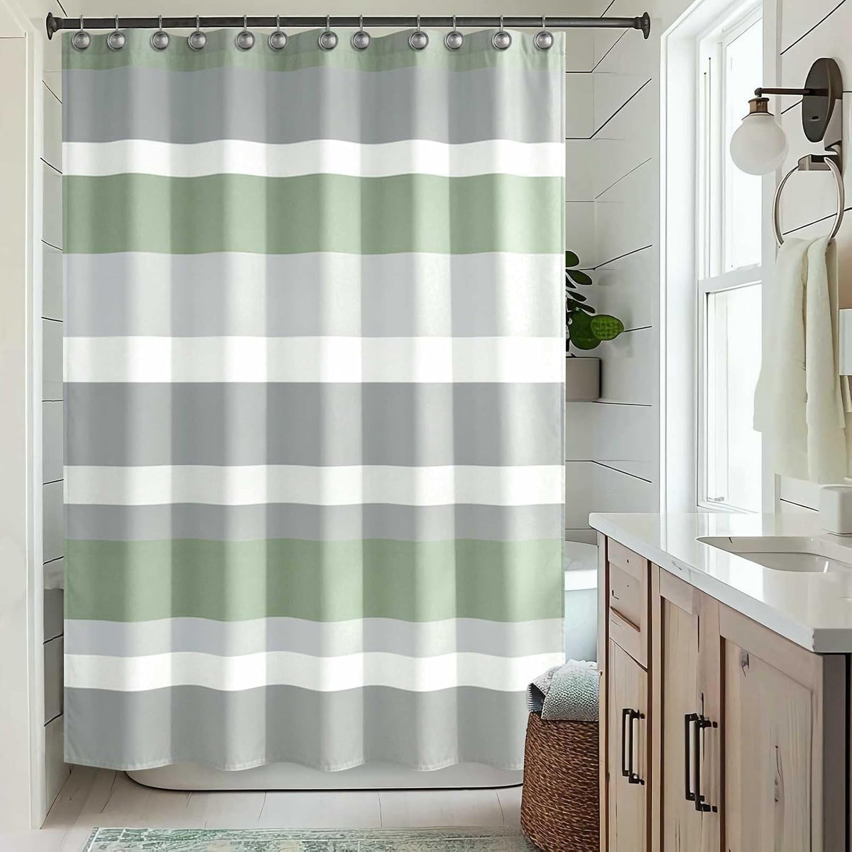 Sunlit Sage Green Gray Horizontal Stripes Water-Repellent Fabric Shower Curtain with Reinforced Metal Grommets Refreshing Striped Design Bathroom Decor, 72x72