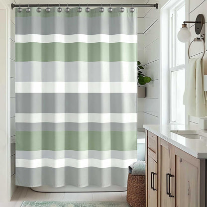 Sunlit Sage Green Gray Horizontal Stripes Water-Repellent Fabric Shower Curtain with Reinforced Metal Grommets Refreshing Striped Design Bathroom Decor, 72x72