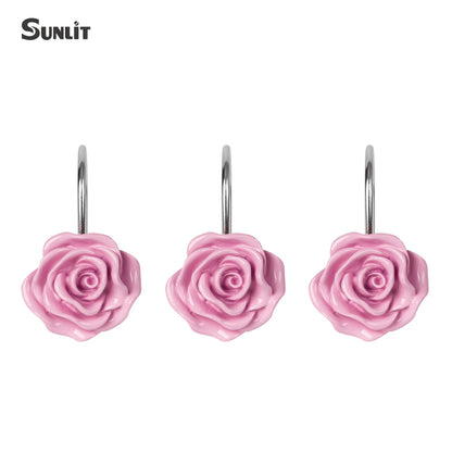 Sunlit Rose Shower Curtain Hooks, Home Decorative Flower Shower Curtain Rings for Bathroom, Resin, Pink Floral Shower Curtain Hanger Hooks for Living Room, Set of 12