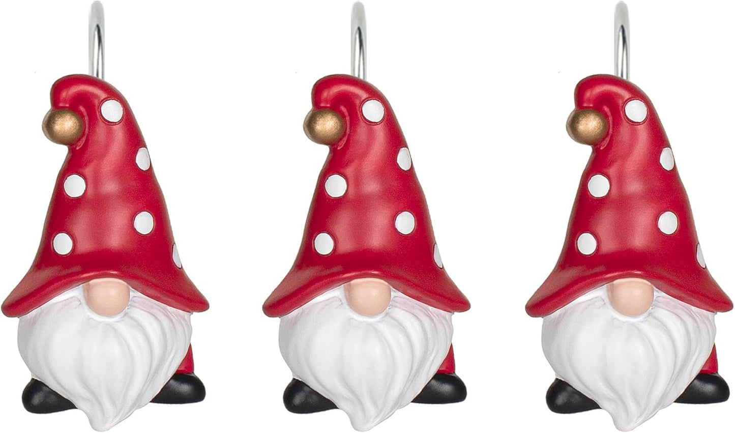 Sunlit Christmas Shower Curtain Hooks, Gnome Shower Curtain Rings, Hand Painted Resin Christmas Decor, Winter Bathroom Decoration, Red Hat with White Polka Dot, Set of 12