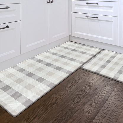 Sunlit Set of 2 Anti Fatigue Kitchen Floor Mat, Non Slip Waterproof Comfort Standing Mat, 0.4 Inch Thick Cushioned Farmhouse Kitchen Rug Runner, White Red Buffalo Check (17"x28"&17"x47")