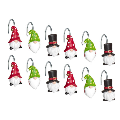 Sunlit Christmas Shower Curtain Hooks, Gnome Shower Curtain Rings, Hand Painted Resin Christmas Decor, Winter Bathroom Decoration, Black Green Red with Star, Set of 12