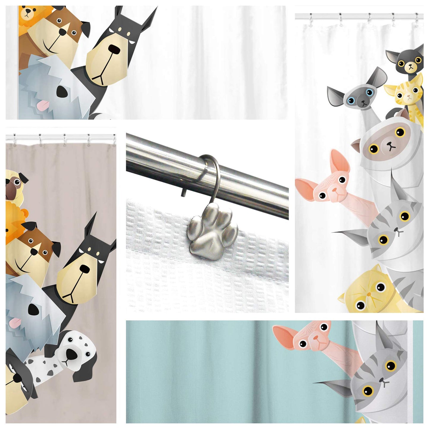 Sunlit Fashion Design Cute Paw Print Polished Double Shower Curtain Hooks for Dog Cat and Bear, Rust Proof Oil Rubbed Metal Shower Curtain Rings-12 Pack