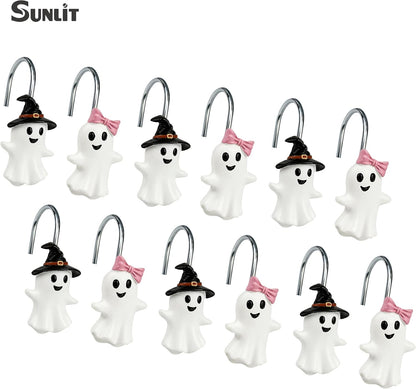 Sunlit Boy and Girl Ghost Shower Curtain Hooks, Home Decorative Shower Curtain Rings for Bathroom, Halloween Cute Ghost Shower Curtain Hangers Bathroom Accessories, Set of 12