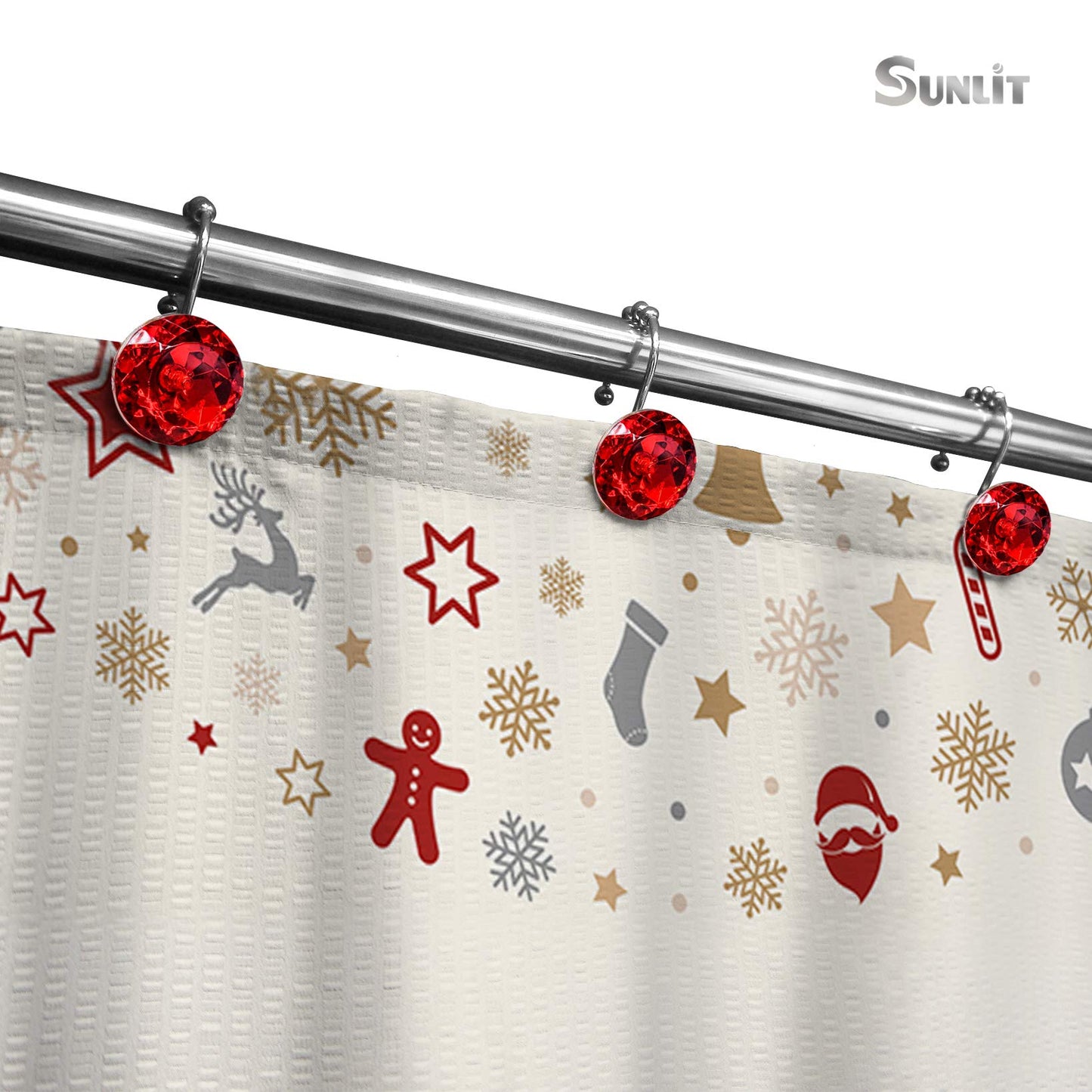 Sunlit Luxury Design Round Clear Diamond Crystal Gem Bling with Glide Balls Double Shower Curtain Hooks, Rust Proof Metal Rhinestones Glam Shower Curtain Rings-12 Pack