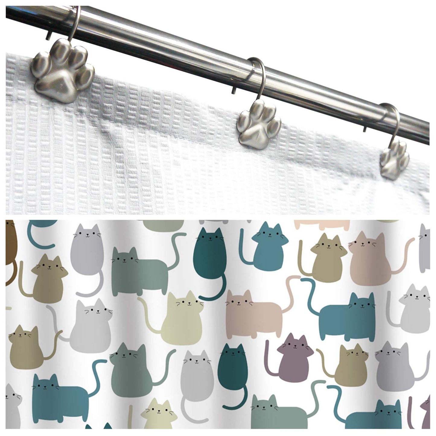 Sunlit Fashion Design Cute Paw Print Polished Double Shower Curtain Hooks for Dog Cat and Bear, Rust Proof Oil Rubbed Metal Shower Curtain Rings-12 Pack