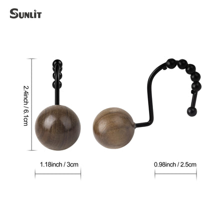 Sunlit Boho Wood Beads Decorative Shower Curtain Hooks, Shower Curtain Rings with Roller Balls, Farmhouse Bathroom Decoration Curtain Hangers Accessories, Set of 12, Walnut Wood