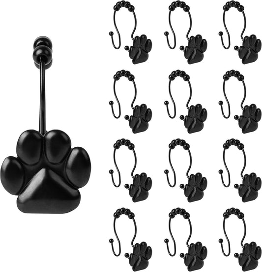 Sunlit Fashion Design Cute Paw Print Polished Double Shower Curtain Hooks for Dog Cat and Bear, Rust Proof Oil Metal Shower Curtain Rings, Black-12 Pack