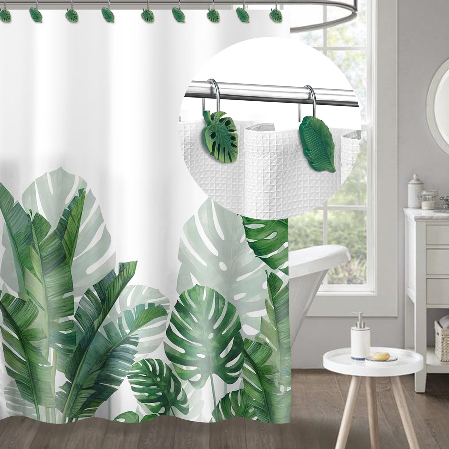 Tropical Leaf Decorative Shower Curtain Hooks, Green Botanical Shower Curtain Rings with Black Hooks, Resin, Monstera Deliciosa Leaves Shower Curtain Hangers for Bathroom, Set of 12