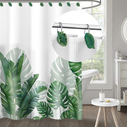 Tropical Leaf Decorative Shower Curtain Hooks, Green Botanical Shower Curtain Rings with Black Hooks, Resin, Monstera Deliciosa Leaves Shower Curtain Hangers for Bathroom, Set of 12