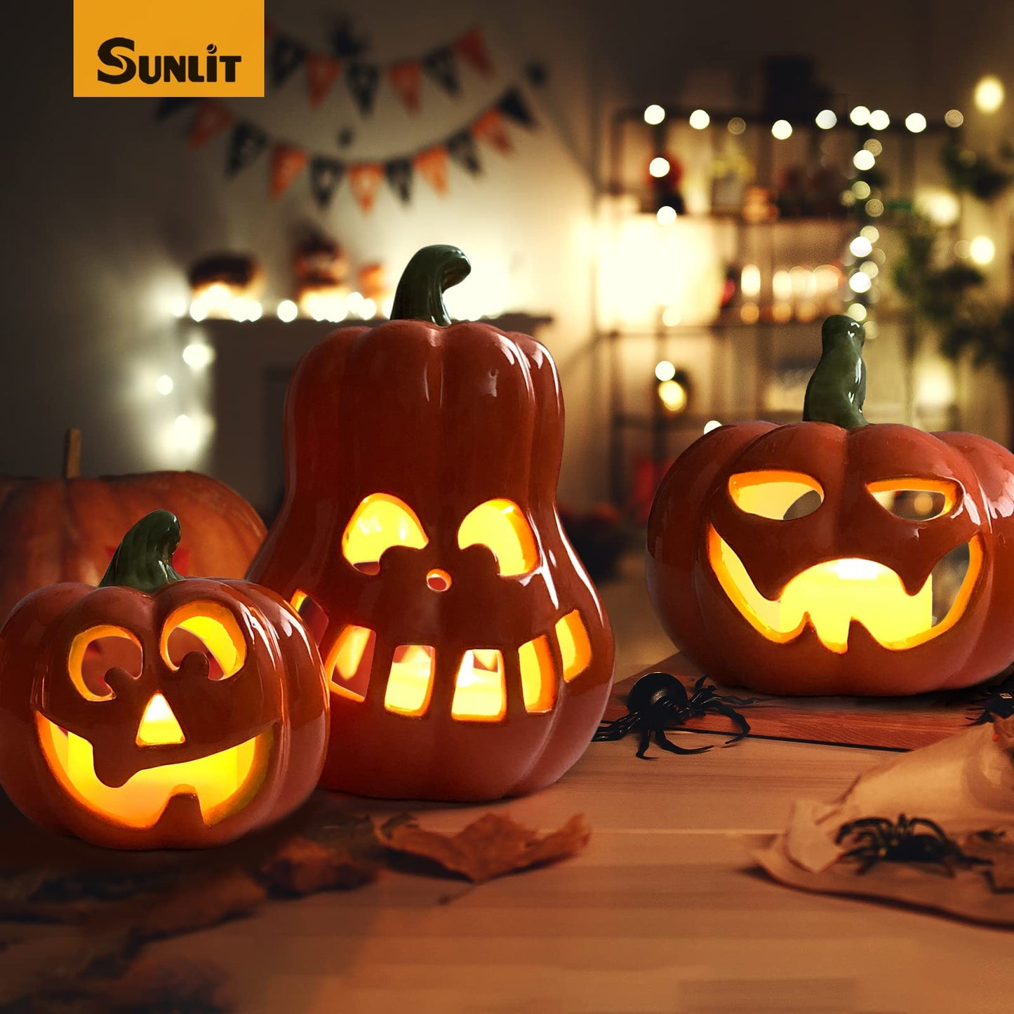 Sunlit Ceramic Pumpkin with 3 Tea Lights, Jack O Lantern Candle Holder Set of 3, Tabletop Indoor Halloween Decorations for Holiday Party Home