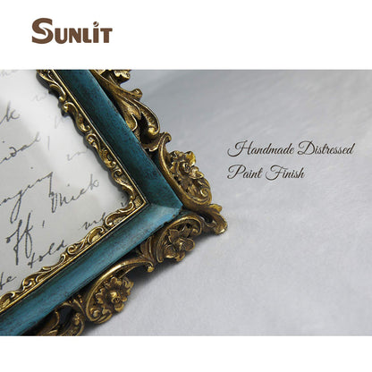Sunlit Vintage Picture Frame 4x6 Inch, Luxury Antique Photo Frames with Glass Front, Photo Display, Tabletop Wall Hanging, Gift Ideas, Retro Blue and Gold
