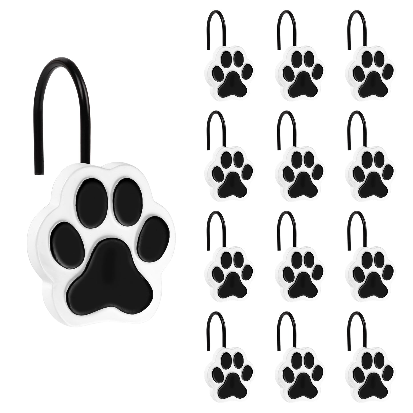 Sunlit Cute Paw Print Decorative Shower Curtain Hooks for Dog Cat Bear, Resin, Lovely Shower Curtain Rings with Black Hooks for Kids, Bathroom Decoration Curtain Hangers, 12 Pack, Black and White